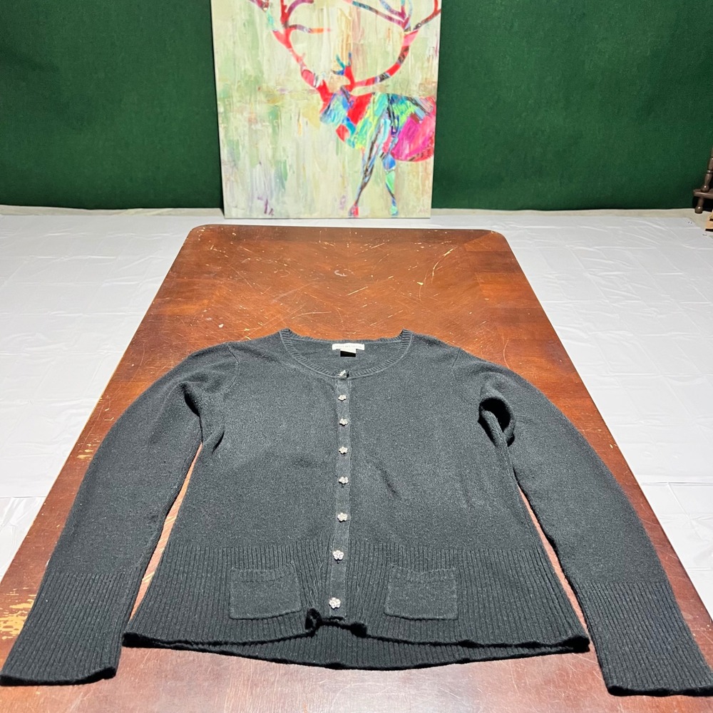 Notations Black Cardigan Rhinestone Flower Button Front Sweater M 1B10400